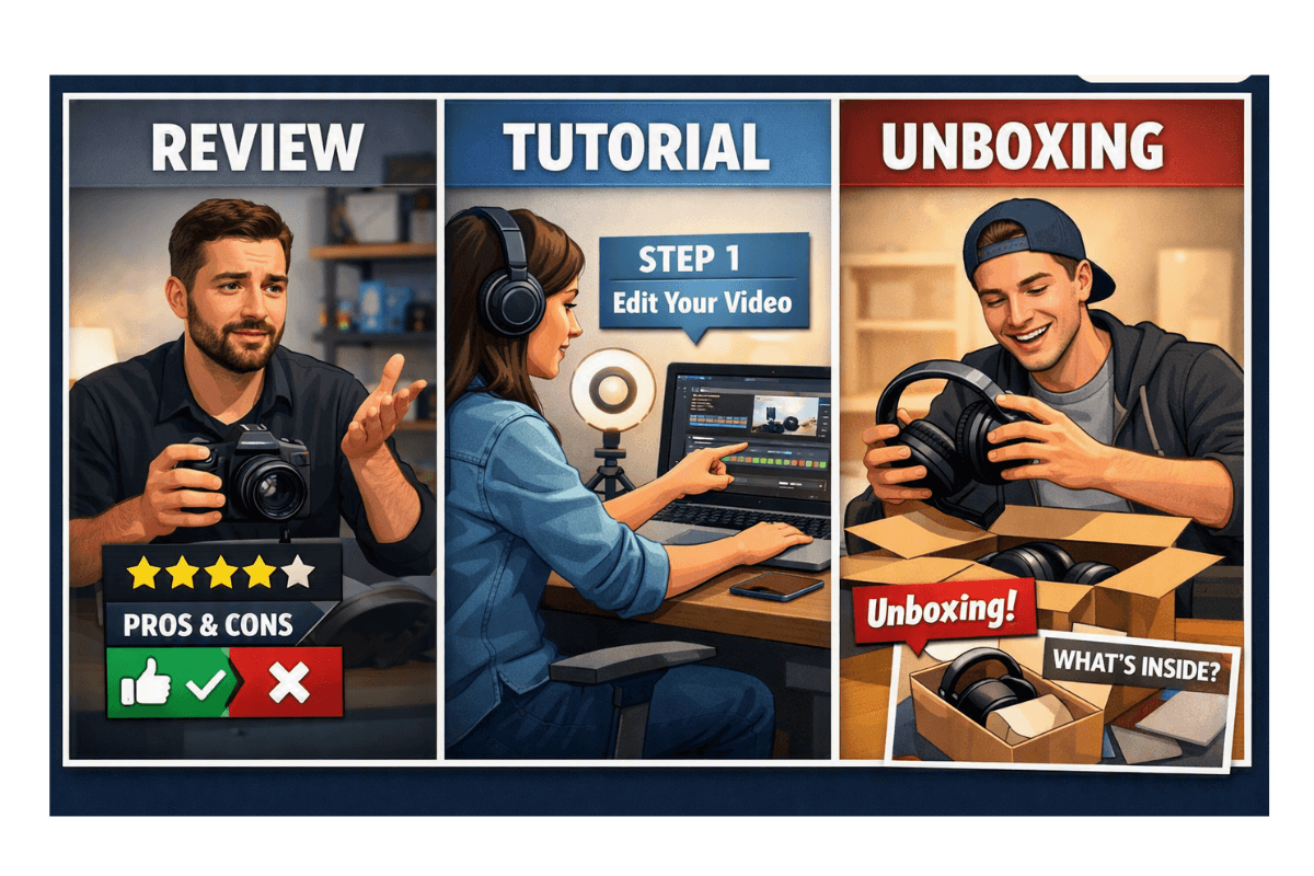 Split screen showing review, tutorial, and unboxing video formats"