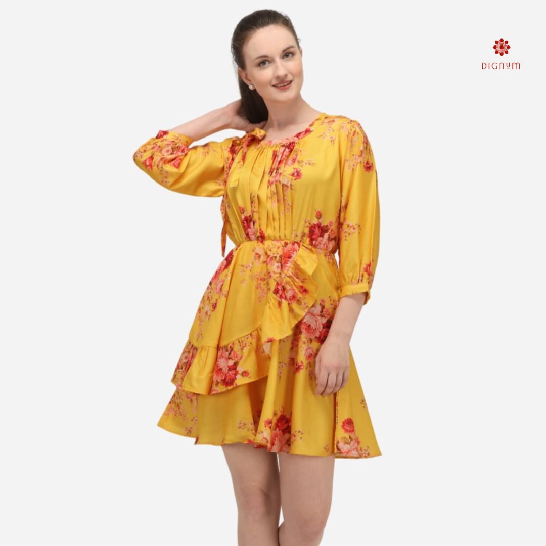 Yellow Printed Frilled Wrap Dress DIGNUM