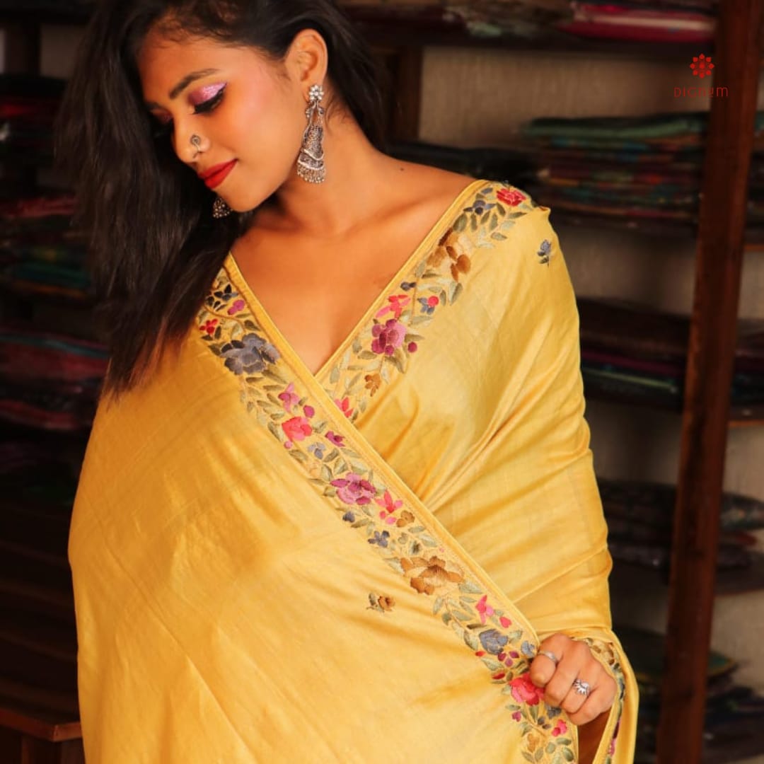 Buy Online Tuscan Yellow Pure Tussar Silk Embroidered Saree