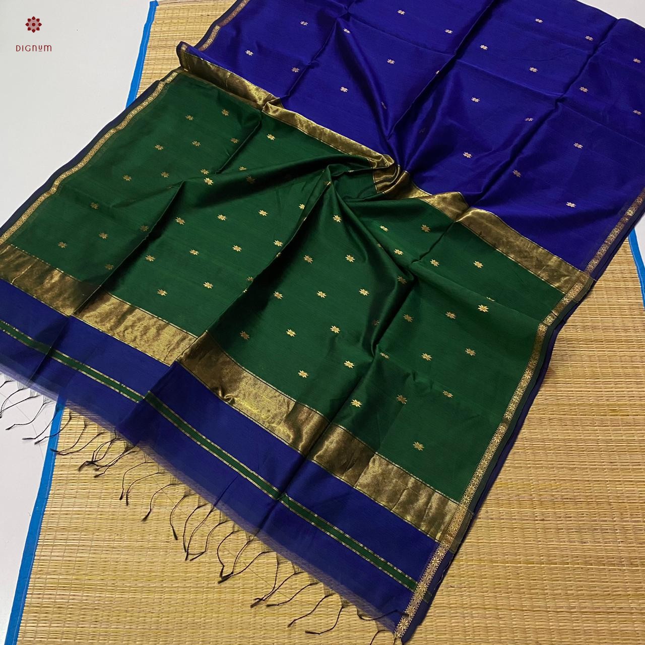 Latest Design Green Blue Maheshwari Silk Cotton Butta Saree