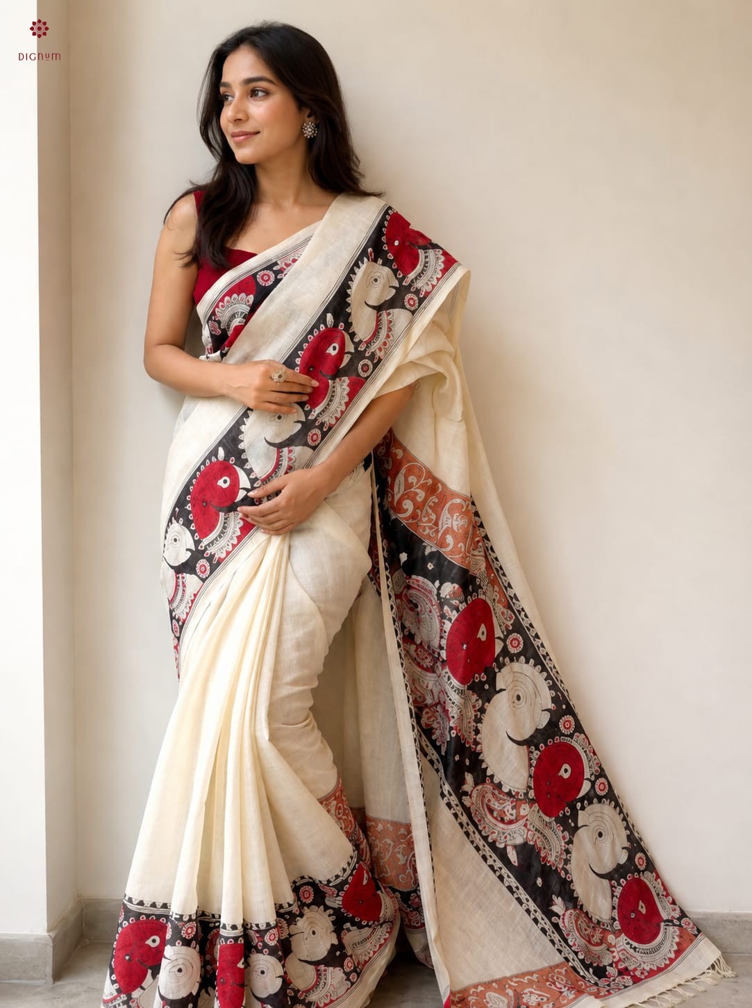Latest Design Ivory Pen Kalamkari Pure Mulberry Silk Saree