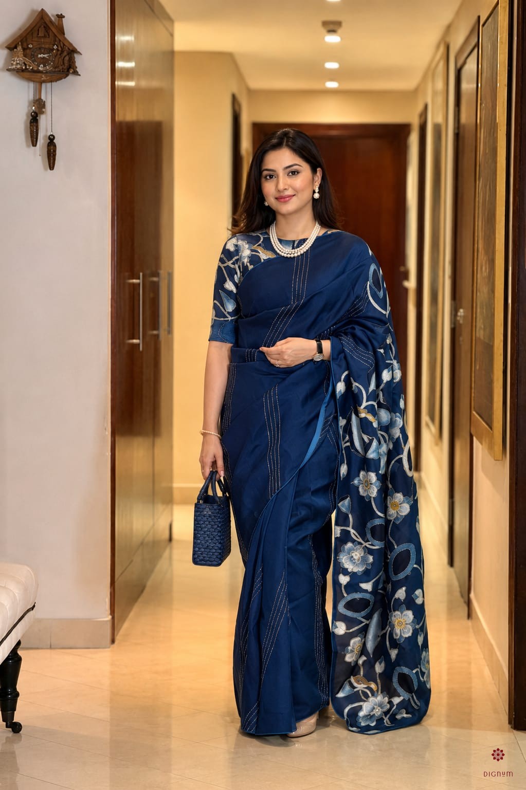 Latest Design Blue Pen Kalamkari Pure Mulberry Silk Saree