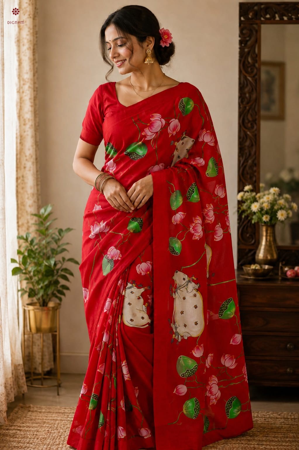 Latest Design Red Pen Kalamkari Pure Mulberry Silk Saree