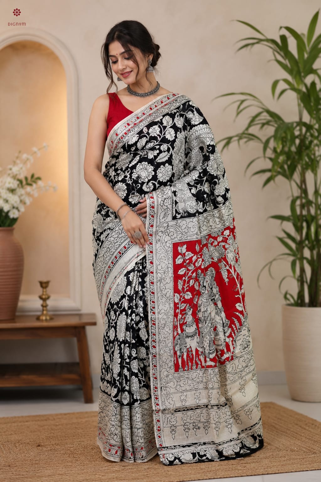 Latest Design Black Pen Kalamkari Pure Mulberry Silk Saree