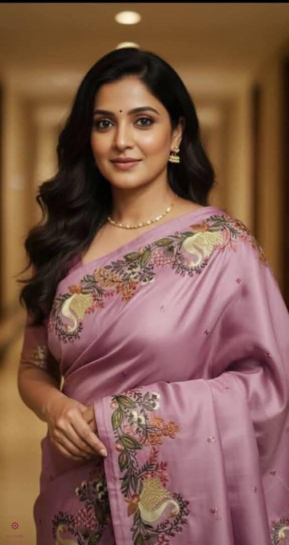 Mauve Purple Pure Tussar Silk Embroidered Saree