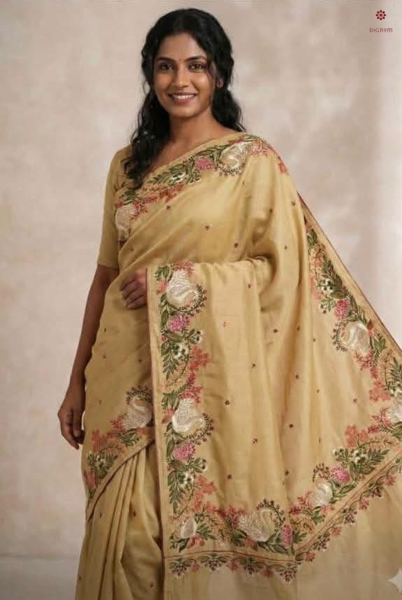 Beige Pure Tussar Silk Embroidered Saree