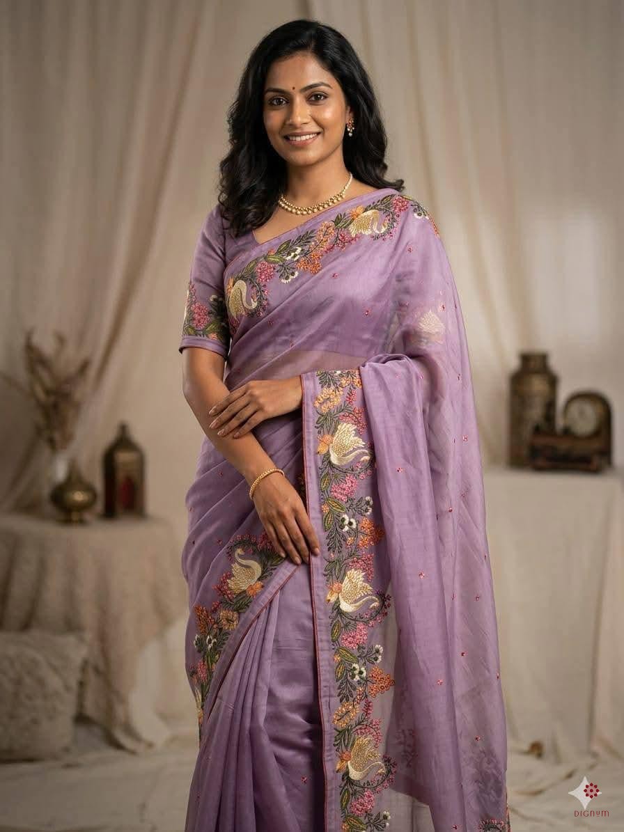 Lavender Purple Pure Tussar Silk Embroidered Saree