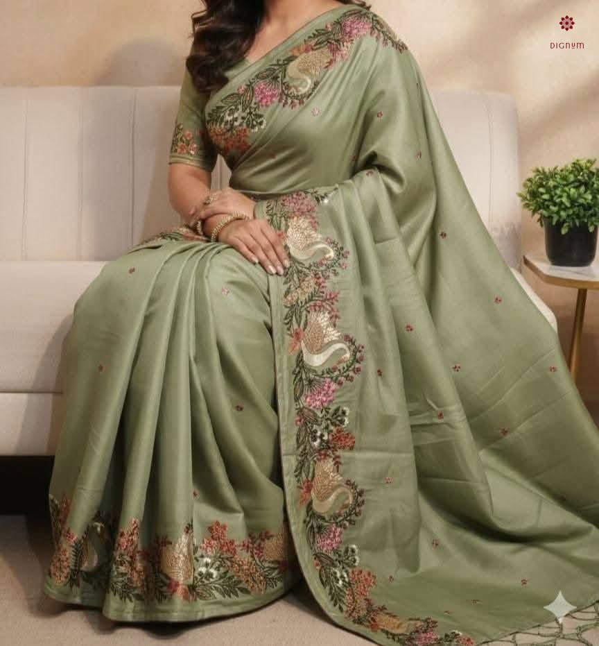 Pastel Green Pure Tussar Silk Embroidered Saree