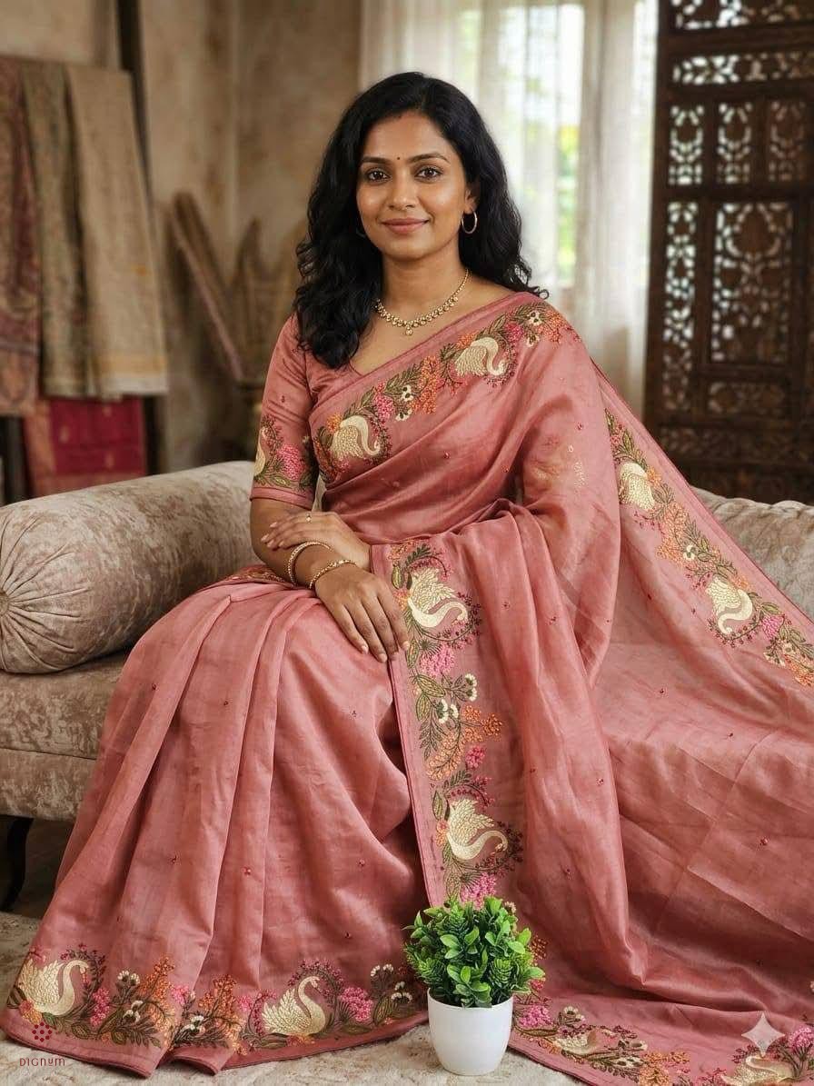 Coral Pink Pure Tussar Silk Embroidered Saree