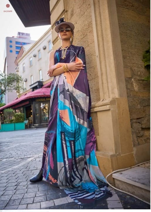 Grey Printed Satin Crepe Silk Saree
