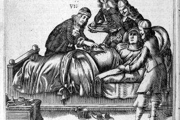 A early modern black and white etching of doctors standing around a woman undergoing a cesarean section