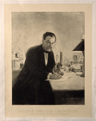 A black and white image of Louis Pasteur, posing with a microscope and writing with a pencil. In the background is a science lab with beakers and bottles.