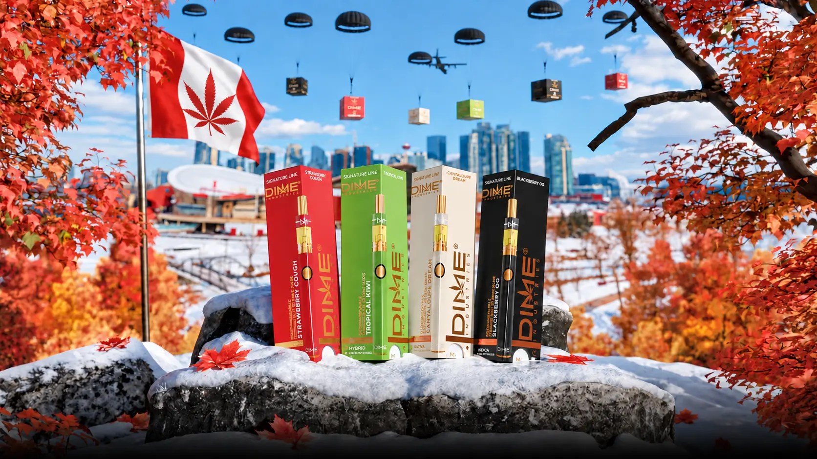Dime Industries Canadian Signature Line products in an autumn Canadian landscape