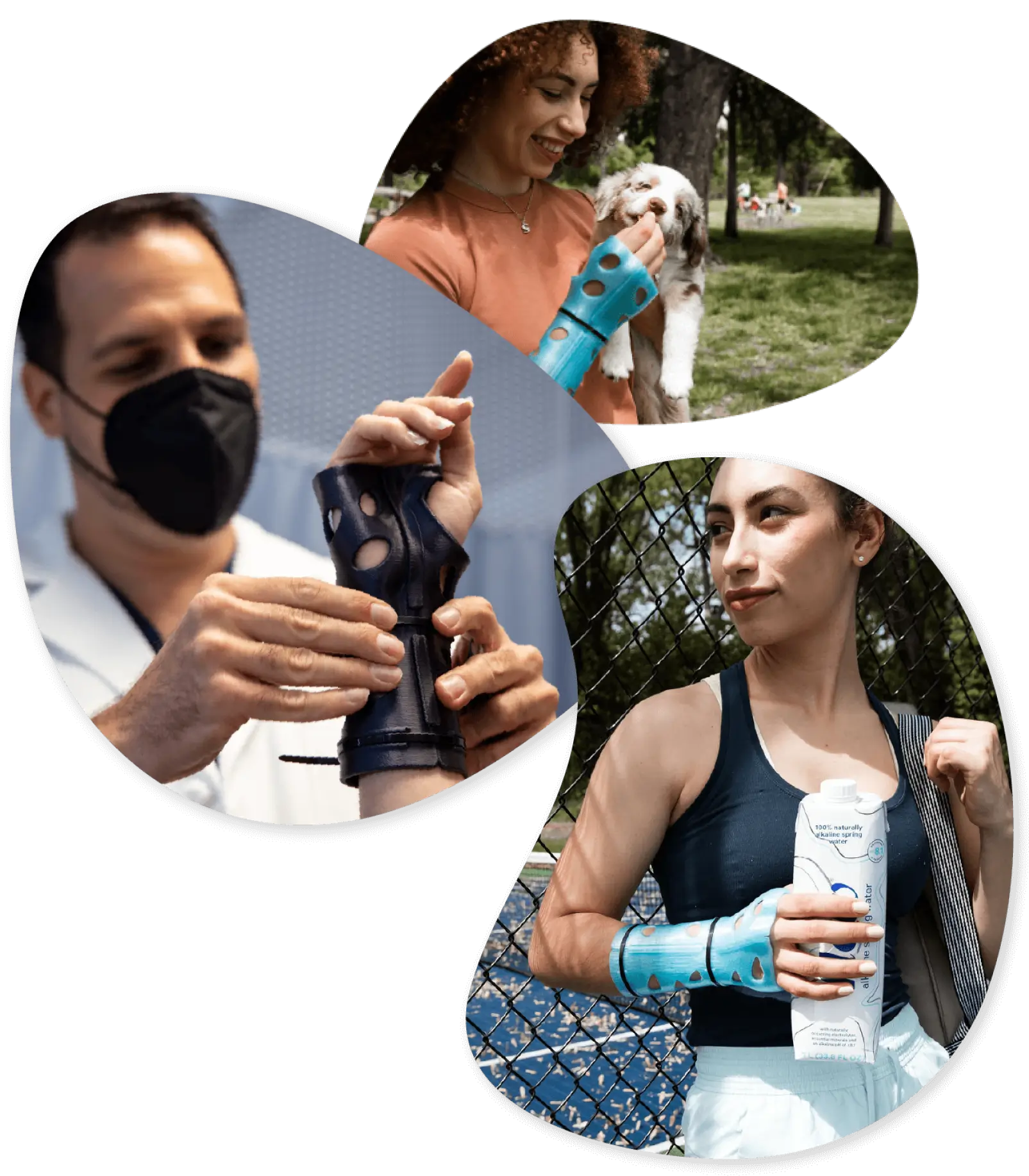 Three different photos. First is a woman with a 3D printed cast on her wrist giving a treat to a puppy. Second is a doctor fitting a 3D printed cast on a patient. Third is a woman wearing a 3D printed cast on her wrist finishing a workout.