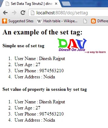 Struts 2 set Tag Example