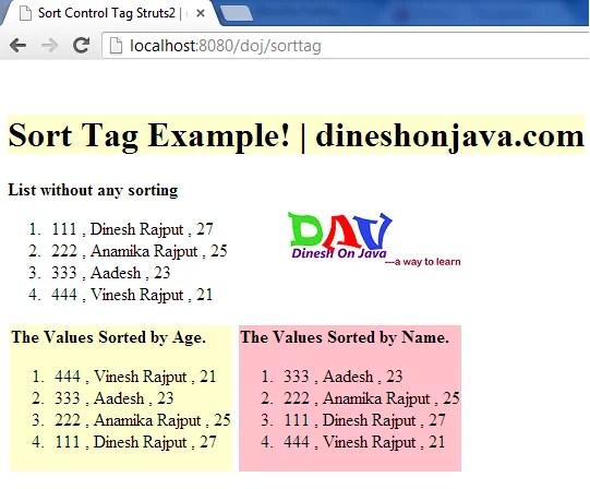 Struts2 sort Tag Example