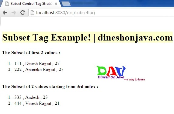 Struts2 subset Tag Example