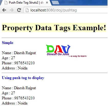 Struts 2 Push Tag Example