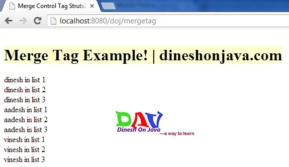 Struts 2 Merge Tag Example