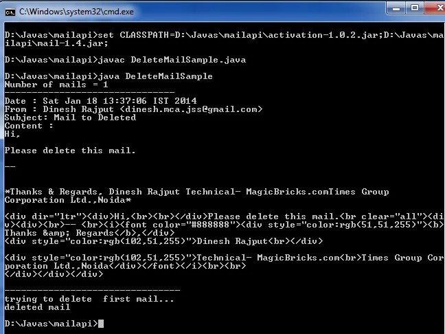 Deleting email in Java