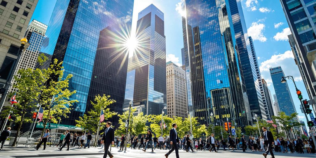 A busy financial district with modern skyscrapers and people.