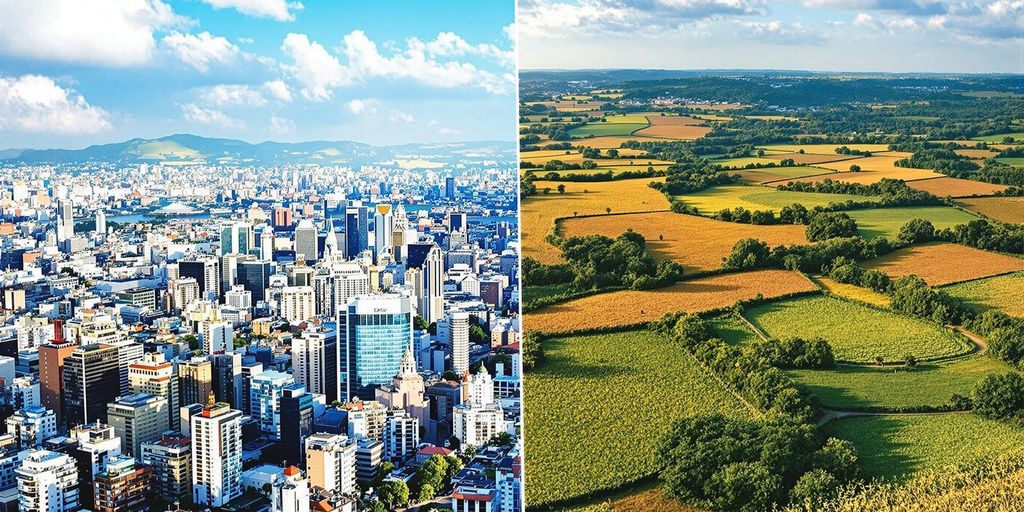 Cityscape and countryside contrasting investment options.