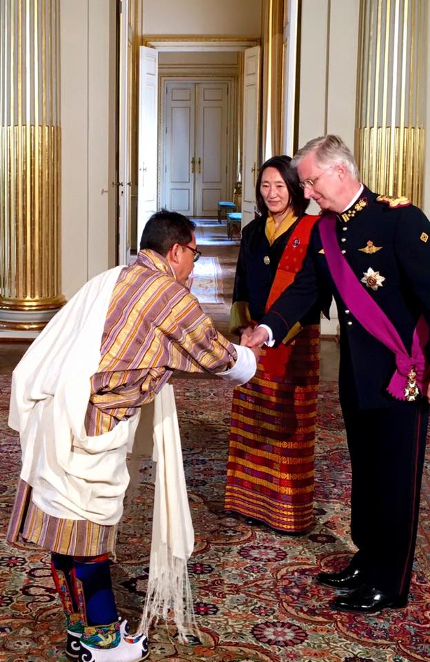 Minister Counsellor Tenzin Rondel Wangchuck greets the VII King of the Belgians as Ambassador Pema Choden looks on at the Royal Palace in Brussels - Picture by the Belgian Royal P