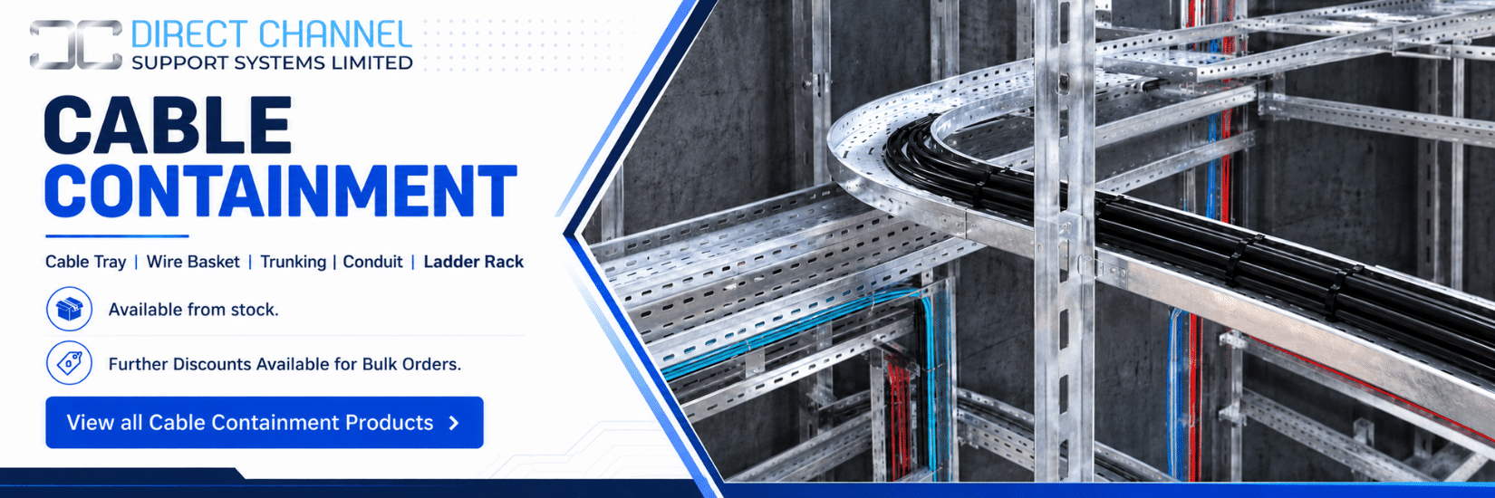 Cable containment systems including cable tray, wire basket, trunking, conduit and ladder rack from Direct Channel Support Systems