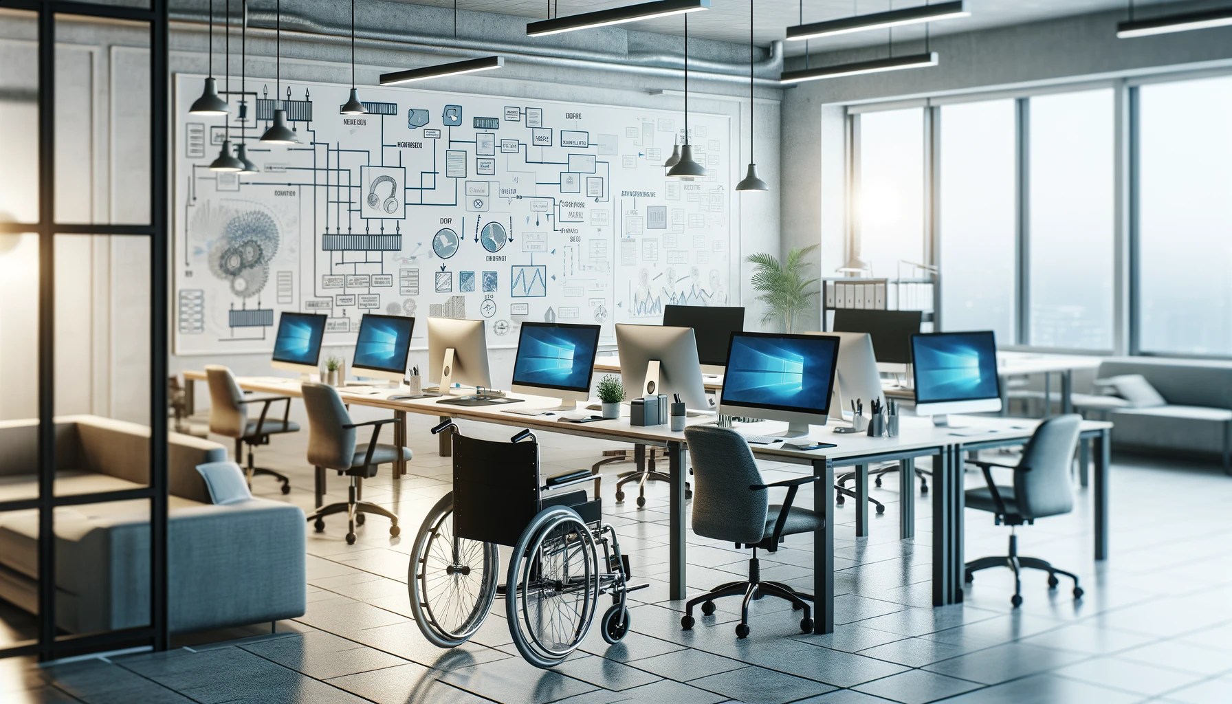 A process-oriented workspace designed for efficiency and collaboration. The setting should include functional office elements like multiple workstations.