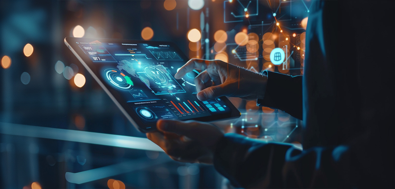 A businessman reviewing metrics on a virtual screen with analytics.