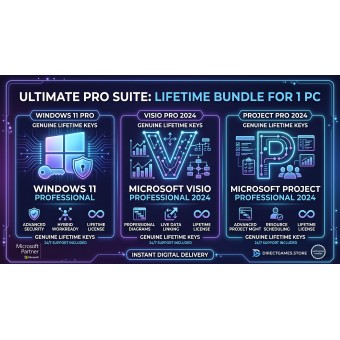 Microsoft Ultimate Pro Suite bundle including Windows 11 Pro, Visio Professional 2024, and Project Professional 2024 lifetime license keys