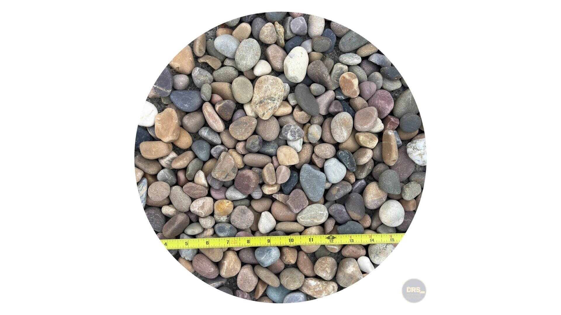 Multi-color pebble rocks (0.75-inch to 1.25-inch) measured for size, featuring natural shades of brown, gray, and reddish tones.
