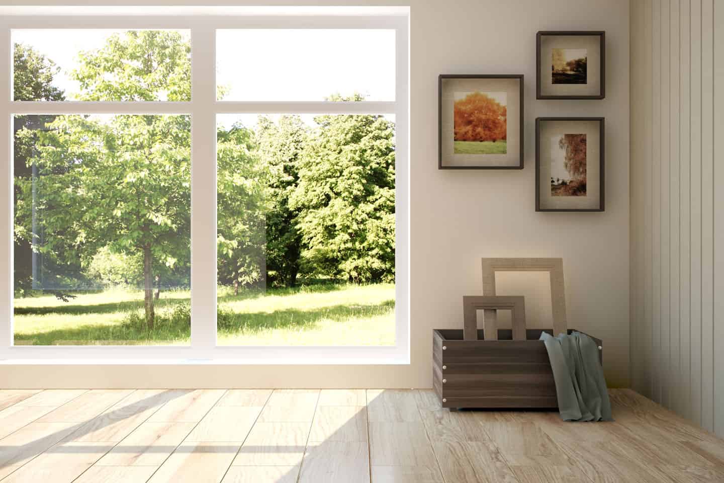 Aluminium window with large glass panes overlooking a green garden.