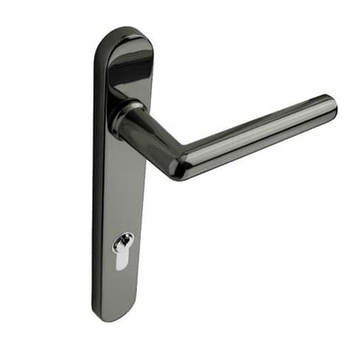 Door handle for aluminium bifold doors, black finish, modern design, and secure lock mechanism.