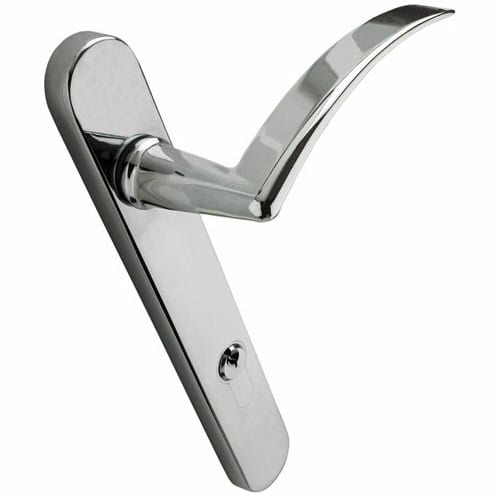 Modern aluminium bifold door handle with sleek chrome finish.