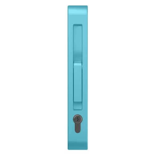 Blue aluminium sliding door lock with keyhole for security.