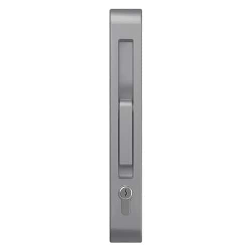 Sliding door lock handle in silver finish.