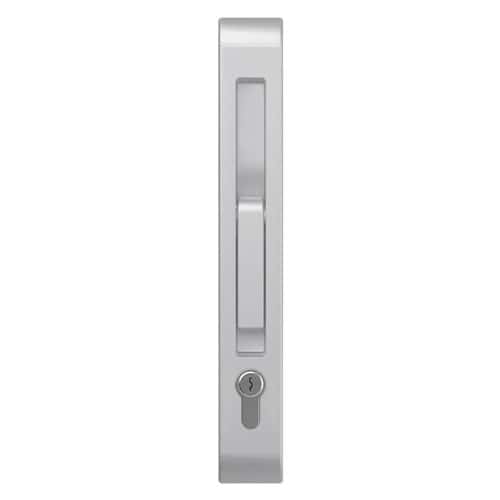 Sliding door lock handle in aluminium finish for secure closure.