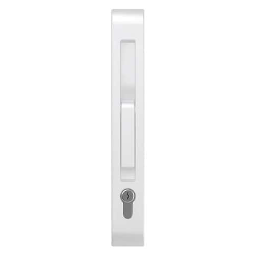 Modern white sliding door lock handle with keyhole for aluminium doors.