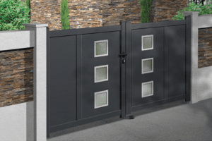 Modern black metal gate with square glass panels for security and style.