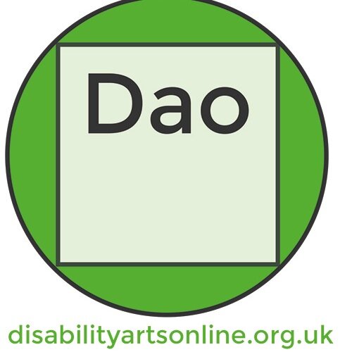 White background. A green circle in the center. An off-white square inside the circle with the word 'Dao' inside the square. Below the green circle are the words: disabilityartsonline.org.uk/