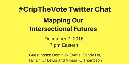 Image description: graphic with a bright yellow background and black text centered that reads: #CripTheVote Twitter, Chat Mapping Our Intersectional Futures, December 7, 2016, 7 pm Eastern, Guest Hosts: Dominick Evans, Sandy Ho, Talila “TL” Lewis and Vilissa K. Thompson