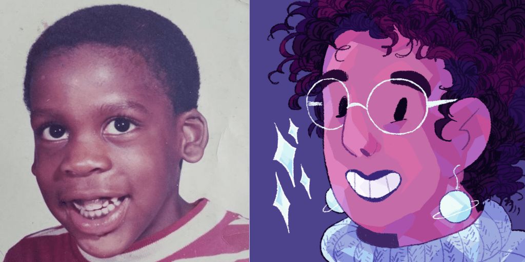 Two photos [left]  A young Black boy, Leroy Moore, with short black hair smiling at the camera. He is wearing a red and white striped shirt. [Right] An illustrated headshot of Ashanti Fortson, an Afro-Latinx person with light brown skin and black curly hair. They're wearing light blue planet-shaped earrings, a periwinkle knit turtleneck, and large light blue glasses. They're smiling at the camera, and some sparkles float next to them.
