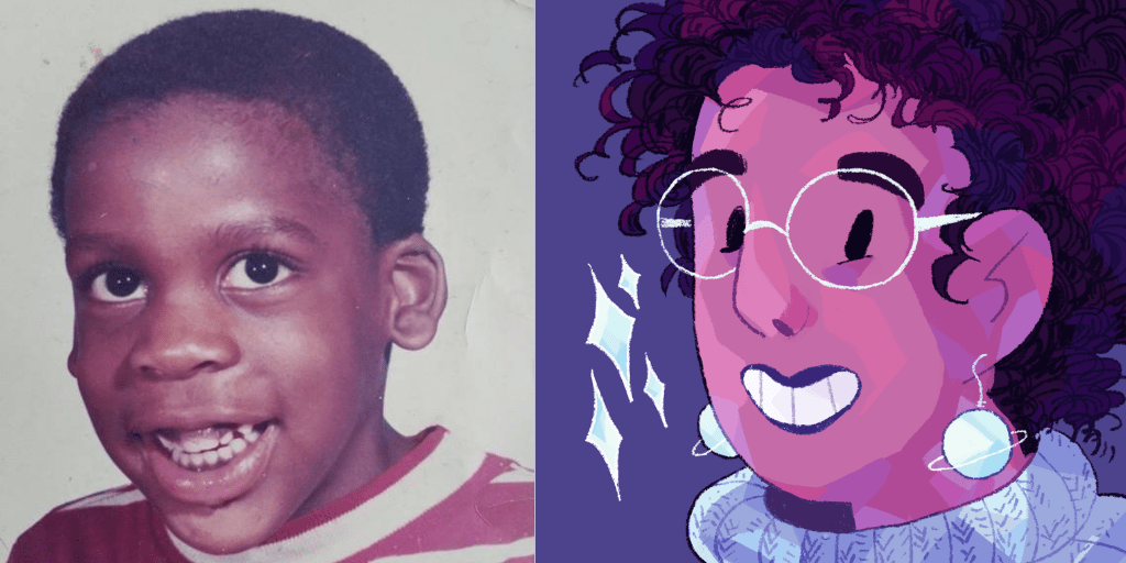 Two photos [left]  A young Black boy, Leroy Moore, with short black hair smiling at the camera. He is wearing a red and white striped shirt. [Right] An illustrated headshot of Ashanti Fortson, an Afro-Latinx person with light brown skin and black curly hair. They're wearing light blue planet-shaped earrings, a periwinkle knit turtleneck, and large light blue glasses. They're smiling at the camera, and some sparkles float next to them.