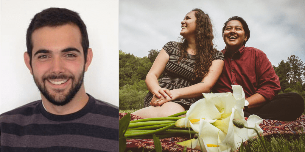 Left: A profile photo of a man in his late 20s with dark hair and a dark trimmed beard, smiling at the camera. Right: A photo of Elena and Layel smiling and looking off beyond the camera. They are both sitting on a cloth with calla lilies with an evergreen forest behind them.