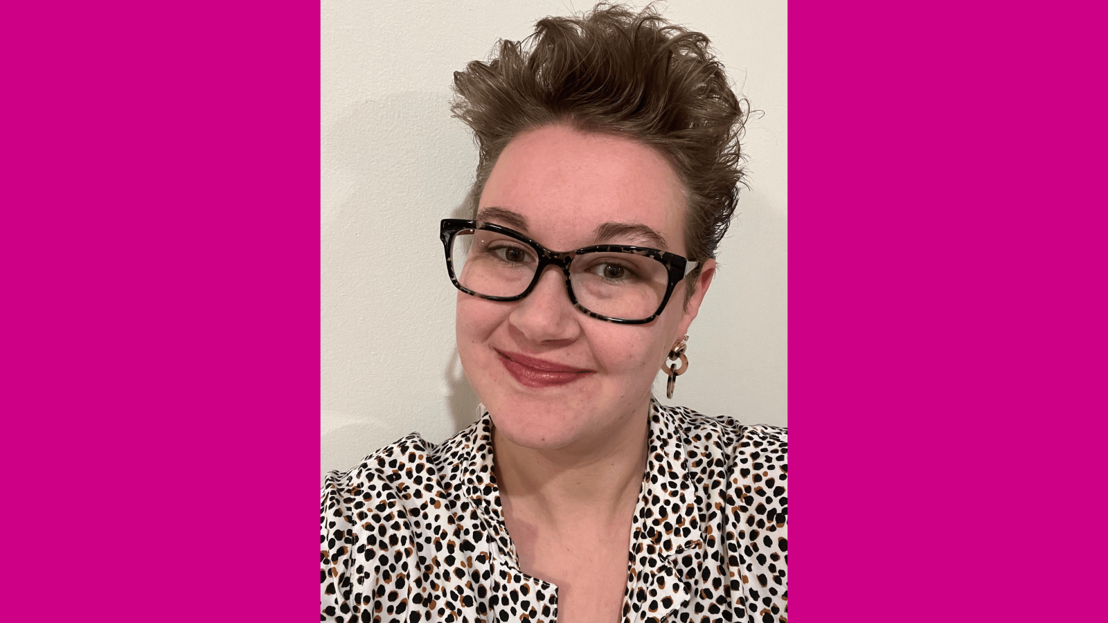 Graphic with a magenta background and in the center is a photo of Helen, a white person with short brown hair and glasses wearing a patterned shirt and red lipstick