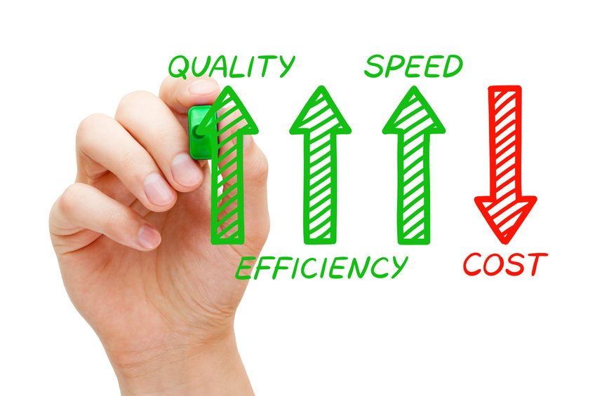 Hand drawing increased quality, efficiency and speed but decreased cost arrows concept with marker on glass board isolated on white.