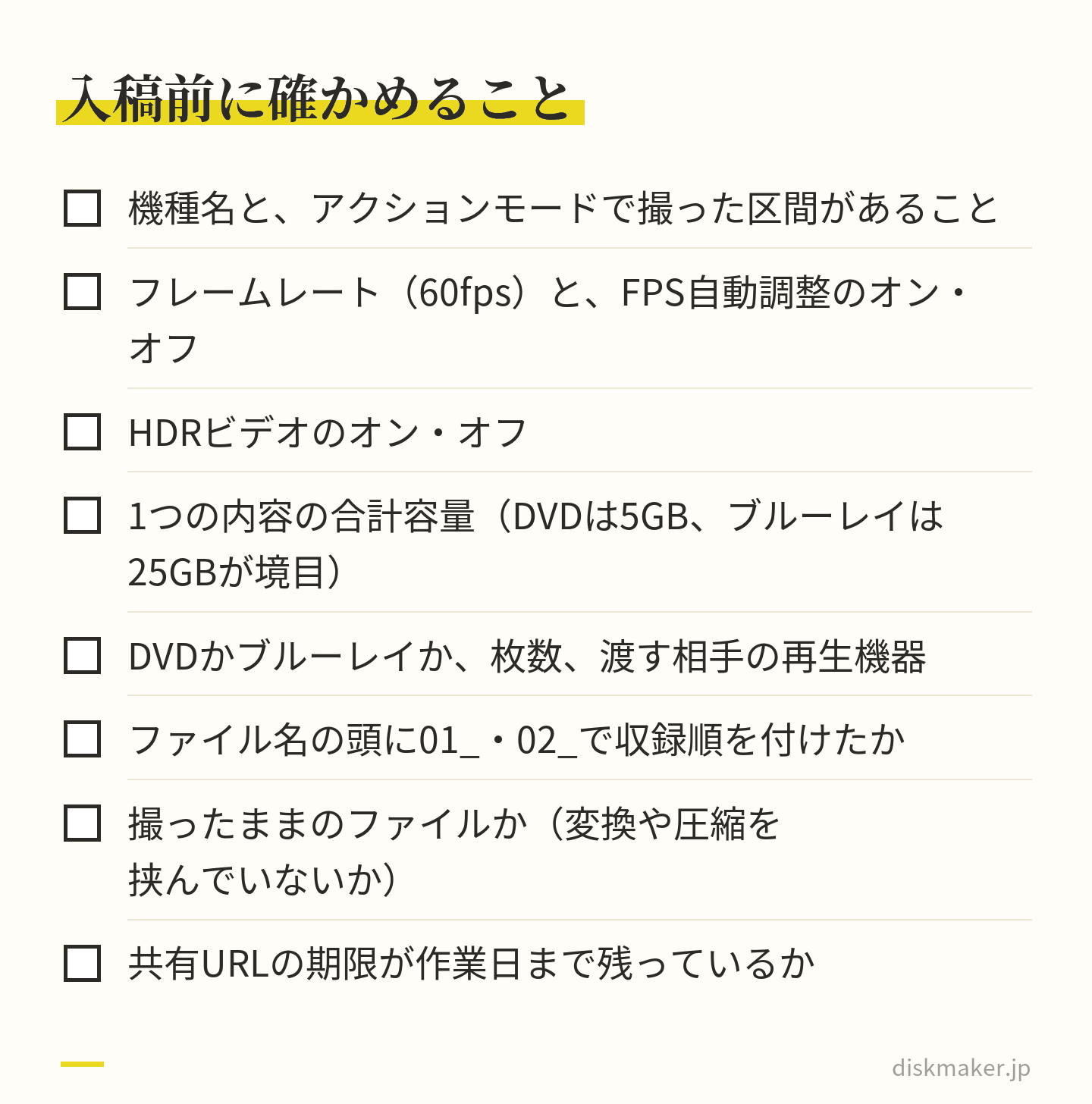 機種名、アクションモードの区間、fpsと自動調整、HDR、合計容量、ディスクの種類と枚数、ファイル名、変換の有無、URLの期限を確かめる一覧