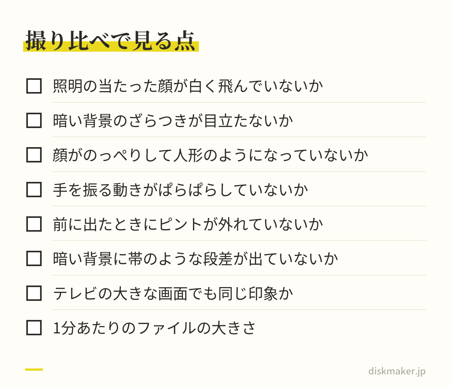 撮り比べた動画を大きな画面で見るときの確認項目として、顔の白飛び、背景のざらつき、顔ののっぺり感、動きのぱらつき、ピント、帯状の段差、テレビでの印象、ファイルの大きさを並べたチェックリスト