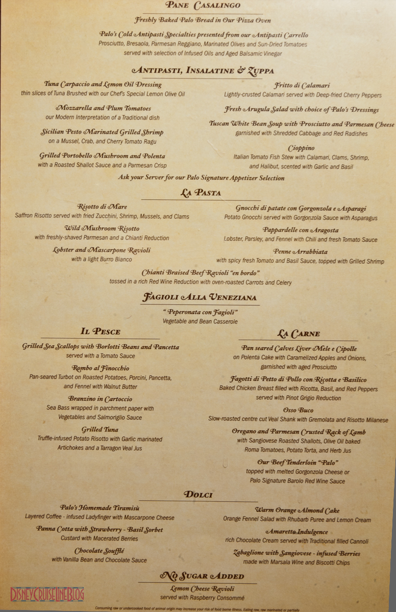 Palo Menu The Disney Cruise Line Blog